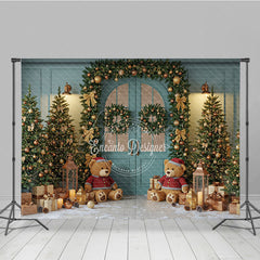 Aperturee - Aperturee Teal Christmas Door Photography Backdrop Teddy Bears in Snow with Gold Garland Holiday Mini Session Background
