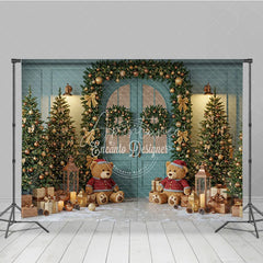 Aperturee - Aperturee Teal Christmas Door Photography Backdrop Teddy Bears in Snow with Gold Garland Holiday Mini Session Background