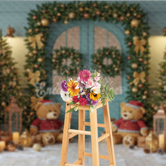 Aperturee - Aperturee Teal Christmas Door Photography Backdrop Teddy Bears in Snow with Gold Garland Holiday Mini Session Background