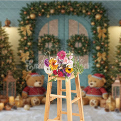 Aperturee - Aperturee Teal Christmas Door Photography Backdrop Teddy Bears in Snow with Gold Garland Holiday Mini Session Background