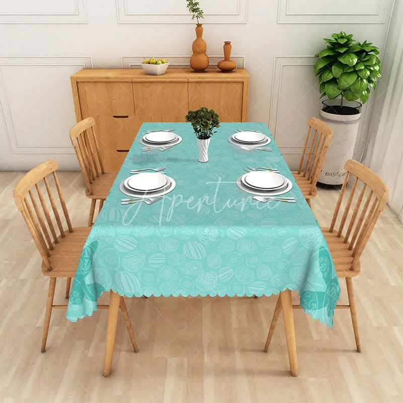 Aperturee - Aperturee Teal Easter Egg Line Art Rectangle Tablecloth Blue White Modern Pattern Table Cover Spring Holiday Home Decor