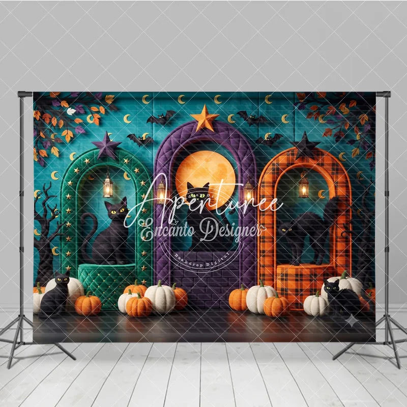 Aperturee - Aperturee Teal Halloween Photography Backdrop with Black Cats Pumpkins Full Moon and Arched Doorways for Fall Party Decor