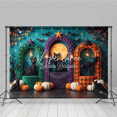 Aperturee - Aperturee Teal Halloween Photography Backdrop with Black Cats Pumpkins Full Moon and Arched Doorways for Fall Party Decor