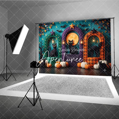 Aperturee - Aperturee Teal Halloween Photography Backdrop with Black Cats Pumpkins Full Moon and Arched Doorways for Fall Party Decor