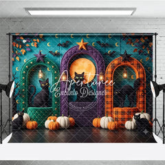 Aperturee - Aperturee Teal Halloween Photography Backdrop with Black Cats Pumpkins Full Moon and Arched Doorways for Fall Party Decor
