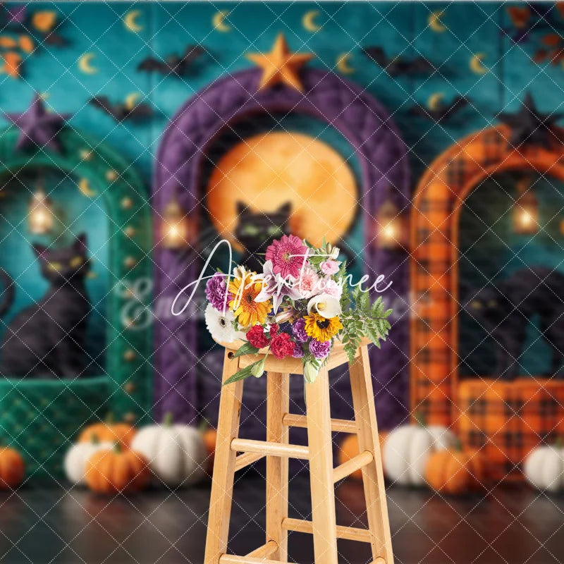 Aperturee - Aperturee Teal Halloween Photography Backdrop with Black Cats Pumpkins Full Moon and Arched Doorways for Fall Party Decor
