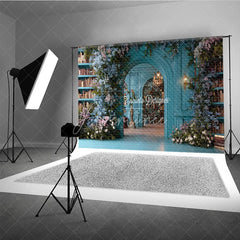 Aperturee - Aperturee Teal Magical Library Photography Backdrop Blue Floral Arch and Bookshelves Fine Art Fairytale Background