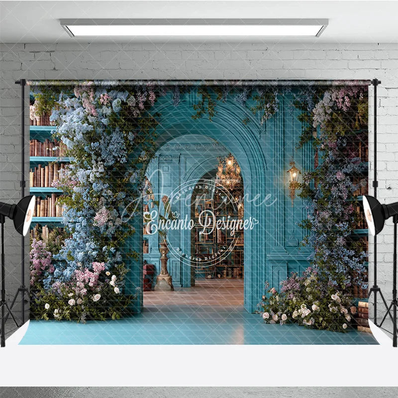 Aperturee - Aperturee Teal Magical Library Photography Backdrop Blue Floral Arch and Bookshelves Fine Art Fairytale Background