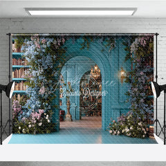Aperturee - Aperturee Teal Magical Library Photography Backdrop Blue Floral Arch and Bookshelves Fine Art Fairytale Background