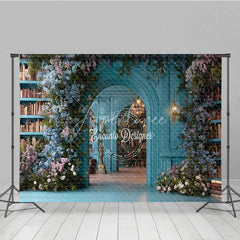 Aperturee - Aperturee Teal Magical Library Photography Backdrop Blue Floral Arch and Bookshelves Fine Art Fairytale Background