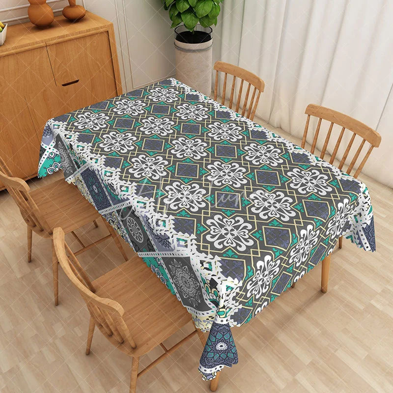 Aperturee - Aperturee Teal Mandala Rectangle Tablecloth Grey Geometric Lace Pattern Dining Table Cover