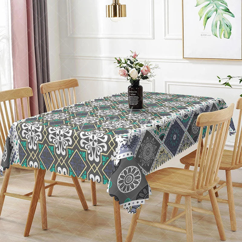 Aperturee - Aperturee Teal Mandala Rectangle Tablecloth Grey Geometric Lace Pattern Dining Table Cover