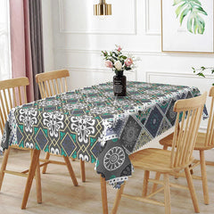 Aperturee - Aperturee Teal Mandala Rectangle Tablecloth Grey Geometric Lace Pattern Dining Table Cover