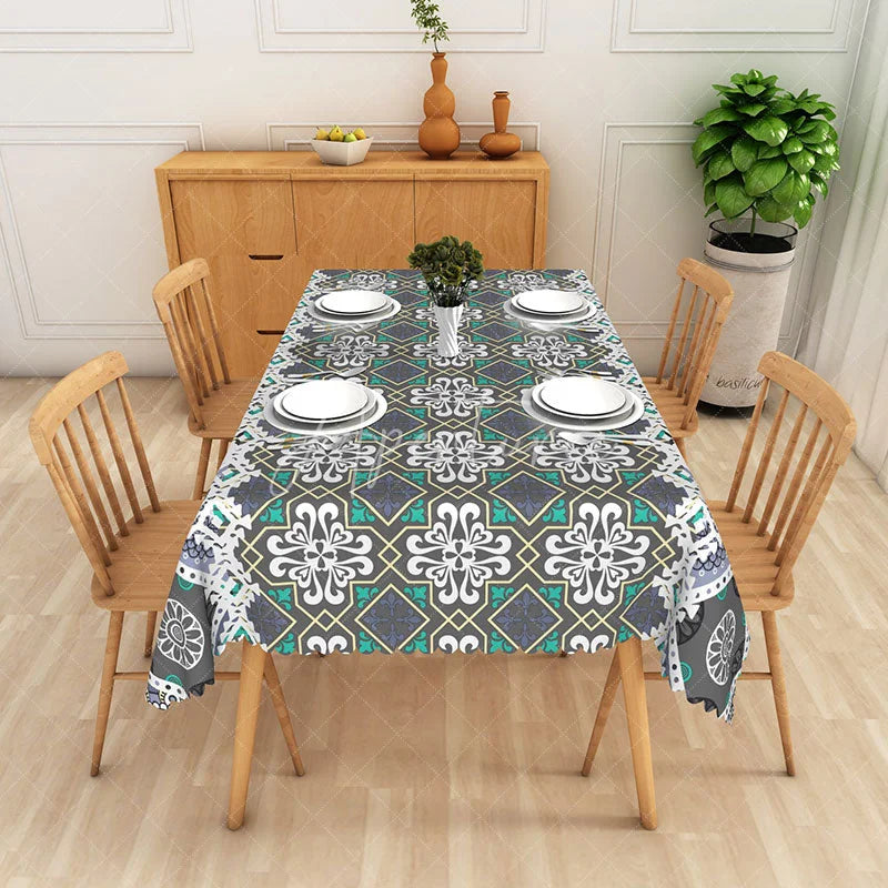 Aperturee - Aperturee Teal Mandala Rectangle Tablecloth Grey Geometric Lace Pattern Dining Table Cover