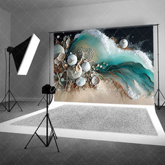 Aperturee - Aperturee Teal Ocean Water and White Sand Beach Backdrop Seashell Pearl Photography Background Summer Decor