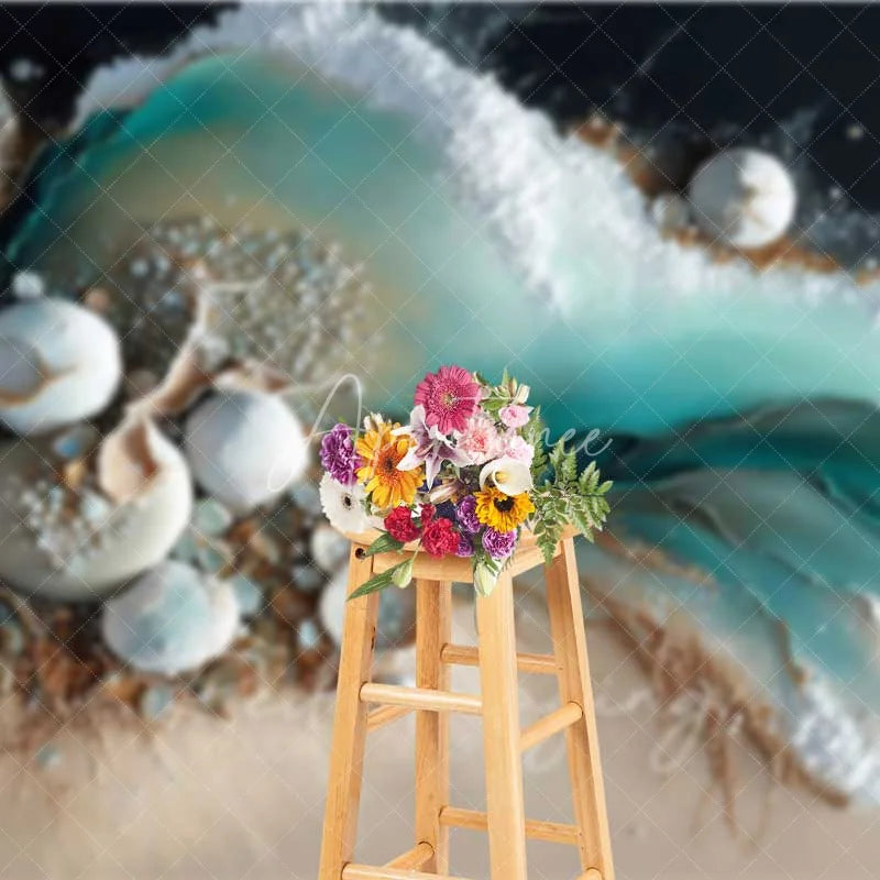 Aperturee - Aperturee Teal Ocean Water and White Sand Beach Backdrop Seashell Pearl Photography Background Summer Decor