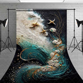 Aperturee - Aperturee Teal Ocean Wave and Golden Starfish Backdrop Gold Coral Branch Abstract Marine Photography Background