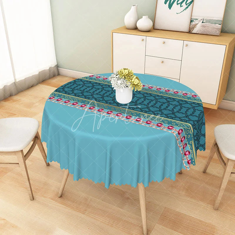 Aperturee - Aperturee Teal Ornate Pattern Round Tablecloth with Pink Gemstone Chain Detail Luxurious Ethnic Style Decor