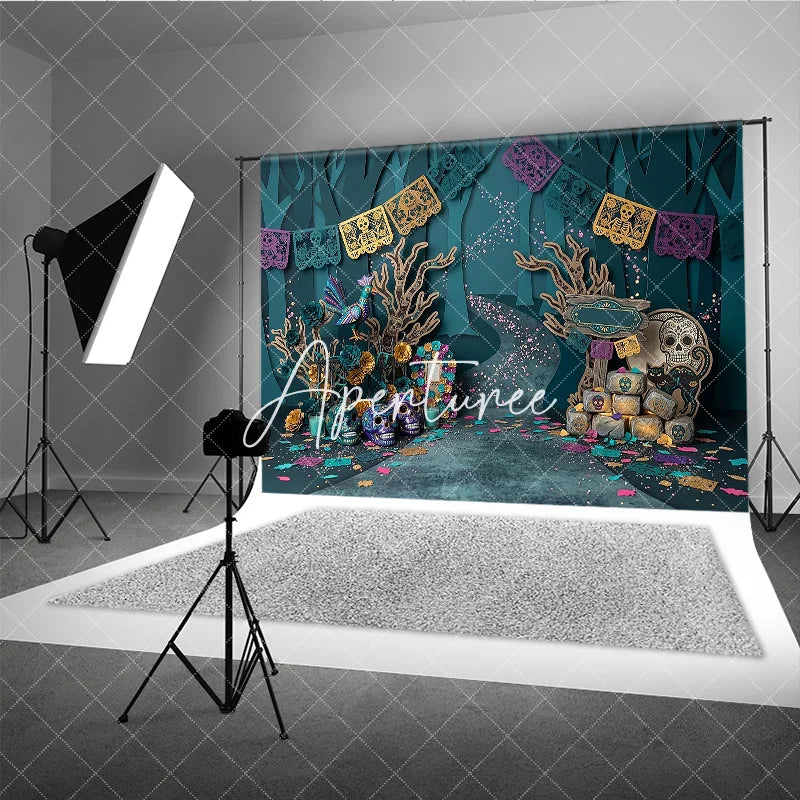 Aperturee - Aperturee Teal Purple Gold Day of the Dead Sugar Skulls Photography Backdrop Mystical Forest Scene with Papel Picado Banners