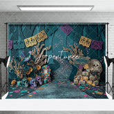 Aperturee - Aperturee Teal Purple Gold Day of the Dead Sugar Skulls Photography Backdrop Mystical Forest Scene with Papel Picado Banners