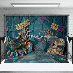 Aperturee - Aperturee Teal Purple Gold Day of the Dead Sugar Skulls Photography Backdrop Mystical Forest Scene with Papel Picado Banners