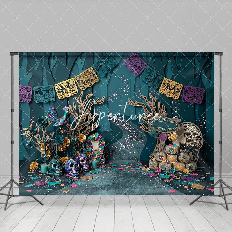Aperturee - Aperturee Teal Purple Gold Day of the Dead Sugar Skulls Photography Backdrop Mystical Forest Scene with Papel Picado Banners