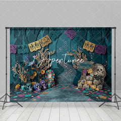 Aperturee - Aperturee Teal Purple Gold Day of the Dead Sugar Skulls Photography Backdrop Mystical Forest Scene with Papel Picado Banners