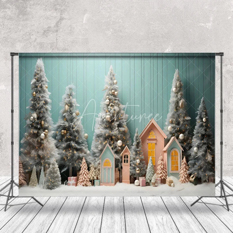 Aperturee - Aperturee Teal Wall Pine Trees House Christmas Photo Backdrop