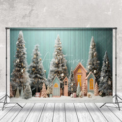 Aperturee - Aperturee Teal Wall Pine Trees House Christmas Photo Backdrop