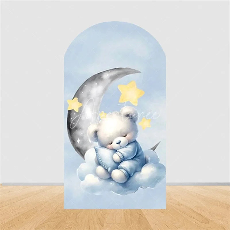 Aperturee - Aperturee Teddy Bear Arch Backdrop Sleeping Bear on Moon Blue Clouds Baby Shower Decor Boy 1st Birthday Prop