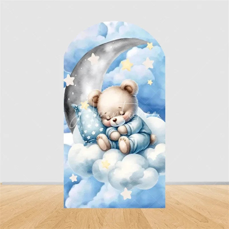 Aperturee - Aperturee Teddy Bear Arch Backdrop Sleeping Bear on Moon Blue Clouds Baby Shower Decor Boy 1st Birthday Prop