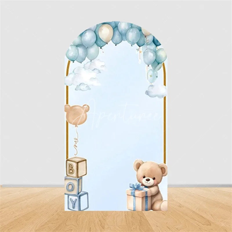 Aperturee - Aperturee Teddy Bear Arch Backdrop Sleeping Bear on Moon Blue Clouds Baby Shower Decor Boy 1st Birthday Prop