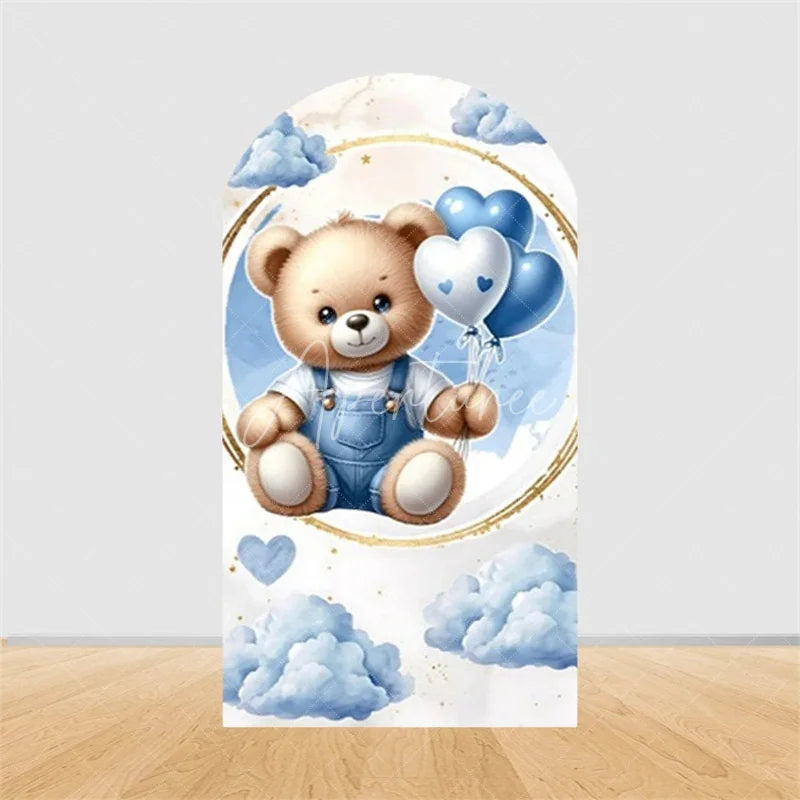 Aperturee - Aperturee Teddy Bear Arch Backdrop Sleeping Bear on Moon Blue Clouds Baby Shower Decor Boy 1st Birthday Prop