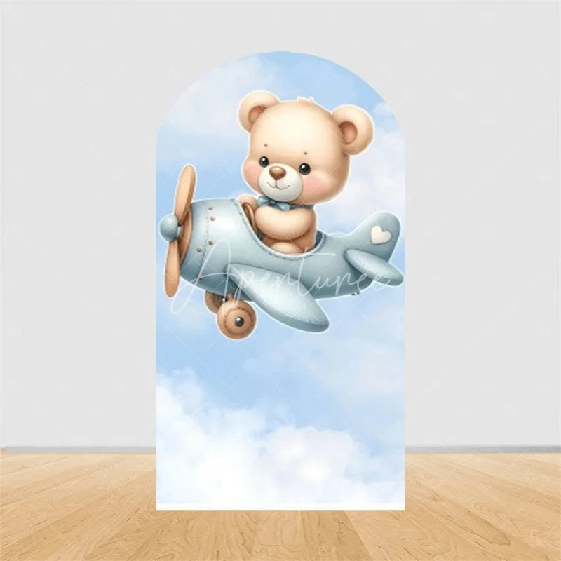 Aperturee - Aperturee Teddy Bear Arch Backdrop Sleeping Bear on Moon Blue Clouds Baby Shower Decor Boy 1st Birthday Prop