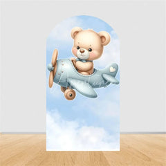 Aperturee - Aperturee Teddy Bear Arch Backdrop Sleeping Bear on Moon Blue Clouds Baby Shower Decor Boy 1st Birthday Prop