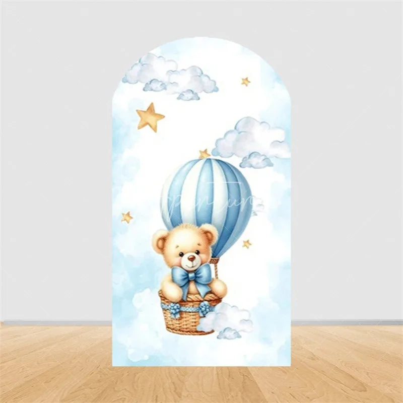 Aperturee - Aperturee Teddy Bear Arch Backdrop Sleeping Bear on Moon Blue Clouds Baby Shower Decor Boy 1st Birthday Prop