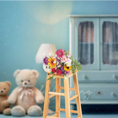 Aperturee Aperturee Teddy Bear Cake Smash Photography Backdrop Blue Nursery Room with Armoire Boys First Birthday Studio Photo Prop