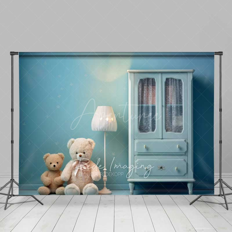 Aperturee Aperturee Teddy Bear Cake Smash Photography Backdrop Blue Nursery Room with Armoire Boys First Birthday Studio Photo Prop