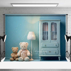 Aperturee Aperturee Teddy Bear Cake Smash Photography Backdrop Blue Nursery Room with Armoire Boys First Birthday Studio Photo Prop