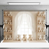 Aperturee - Aperturee Teddy Bear Cake Smash Photography Backdrop Vintage Nursery with Bookshelves We Can Bearly Wait Photo Prop Decor