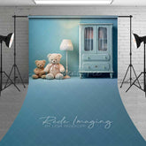 Aperturee Aperturee Teddy Bear Cake Smash Sweep Photography Backdrop Blue Nursery with Floor Space Boys First Birthday Studio Photo Prop