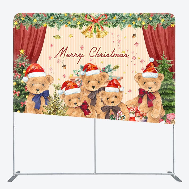 Aperturee - Aperturee Teddy Bear Merry Christmas Tension Fabric Backdrop