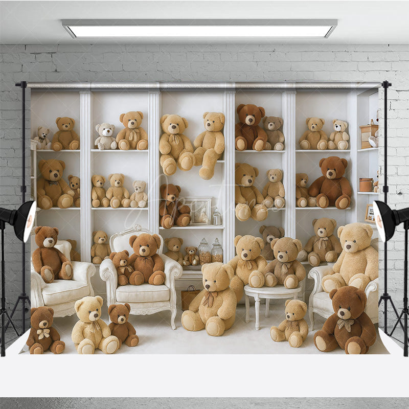 Aperturee - Aperturee Teddy Bear Room Photography Backdrop Nursery Bookshelf Full of Bears We Can Bearly Wait Baby Shower Cake Smash