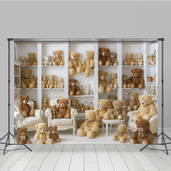 Aperturee - Aperturee Teddy Bear Room Photography Backdrop Nursery Bookshelf Full of Bears We Can Bearly Wait Baby Shower Cake Smash
