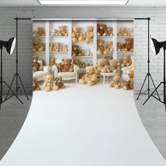 Aperturee - Aperturee Teddy Bear Room Sweep Backdrop Nursery Bookshelf Full of Bears We Can Bearly Wait Baby Shower Cake Smash