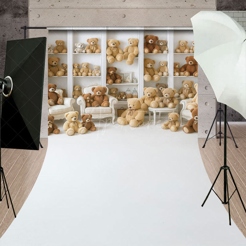 Aperturee - Aperturee Teddy Bear Room Sweep Backdrop Nursery Bookshelf Full of Bears We Can Bearly Wait Baby Shower Cake Smash