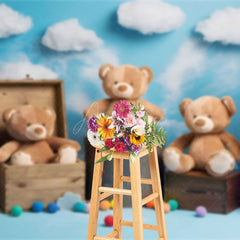 Aperturee - Aperturee Teddy Bear Sky Balloon Sweet Cake Smash Backdrop