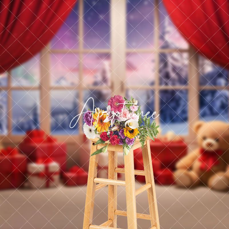 Aperturee - Aperturee Teddy Bear Window Curtain Aurora Christmas Backdrop