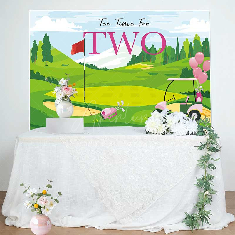 Aperturee Aperturee Tee Time for Two Girls Birthday Backdrop Pink and Green Golf Course Scenery Summer Sports Themed Party Photo Prop
