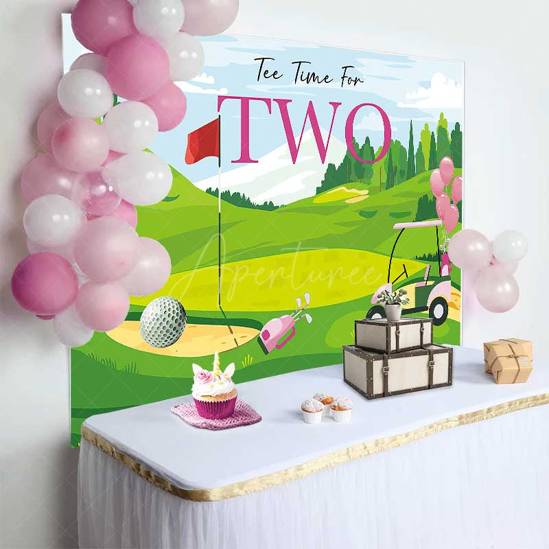 Aperturee Aperturee Tee Time for Two Girls Birthday Backdrop Pink and Green Golf Course Scenery Summer Sports Themed Party Photo Prop